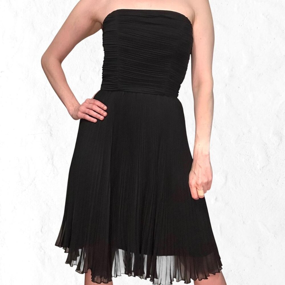 ABS Allen Schwartz evening essentials black ruched mesh overlay dress size 6 S